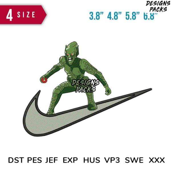 Green alien riding Nike swoosh embroidery design in 4 sizes, DST PES JEF formats