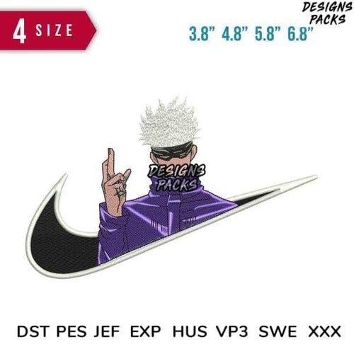 Anime character embroidery design in Nike swoosh, 4 sizes, PES DST EXP formats for DTG/DTF