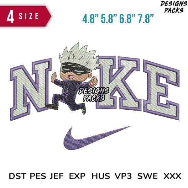 Embroidery design featuring cartoon character with Nike-style text and swoosh, available in multiple sizes and formats.