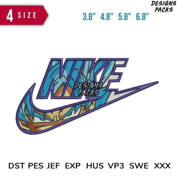 Embroidery design featuring Nike logo with tropical palm tree pattern, available in multiple sizes and formats.