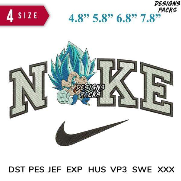 Embroidery design featuring anime character with Nike-style lettering, available in multiple sizes and formats