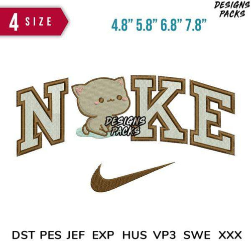Cute cat embroidery design with 'NOKE' text and Nike swoosh, available in multiple sizes and formats