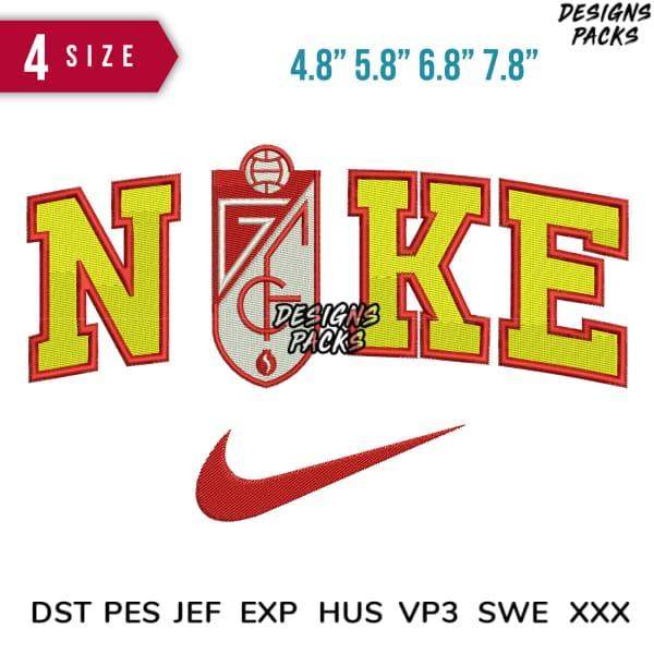 Embroidery design with bold yellow 'NIKE' text, red swoosh, and shield emblem in 4 sizes for instant download