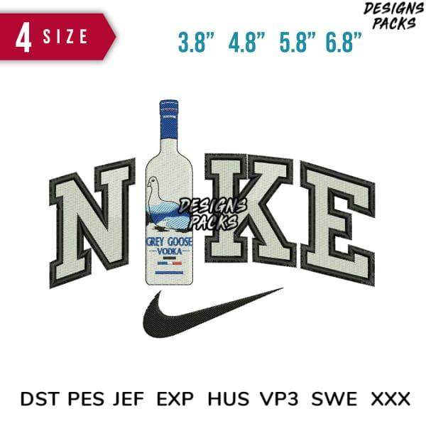 Embroidery design featuring Nike-style text with Grey Goose vodka bottle, available in multiple sizes and formats.