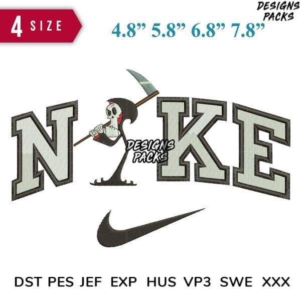 Embroidery design featuring skull with scythe in 'NIKE' text, available in multiple sizes and formats.