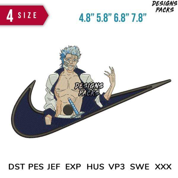 Anime character embroidery design in Nike swoosh, 4 sizes, DST PES JEF formats, print-ready