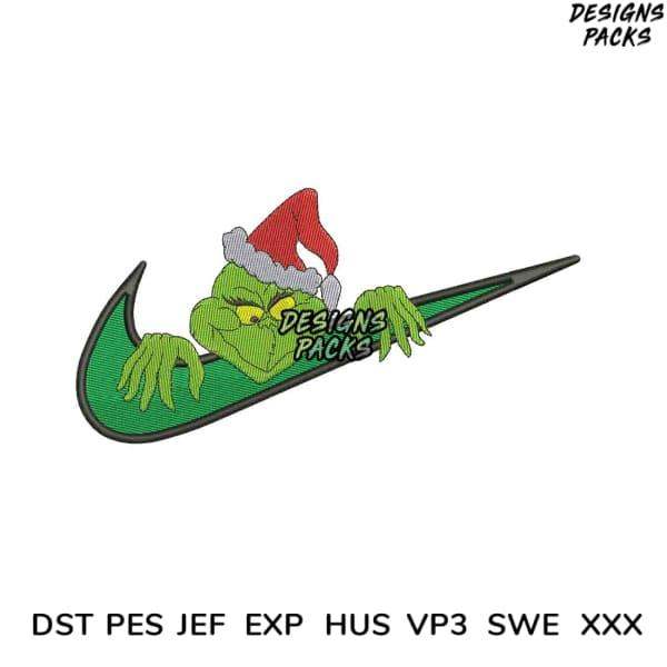 Grinch in Santa hat peeking from green Nike swoosh, embroidery design for DST PES JEF formats