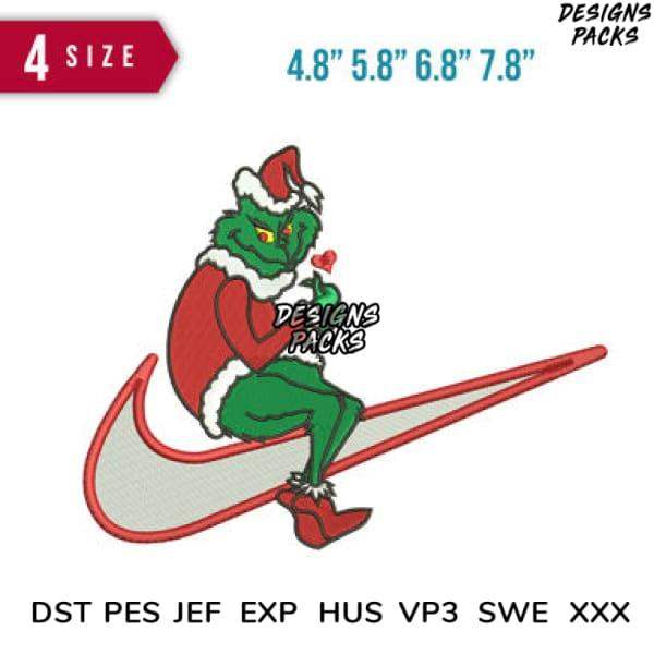 Grinch in Santa suit sitting on Nike swoosh, embroidery design for DTF/DTG, 4 sizes, instant download