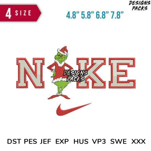 Grinch in Santa hat standing on Nike swoosh with 'NOKE' text, embroidery design in 4 sizes, DST PES JEF formats