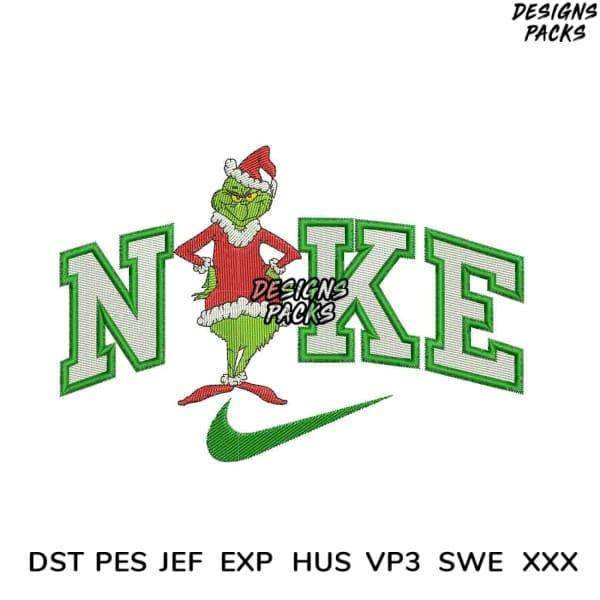 Grinch in Santa suit with Nike swoosh embroidery design, PES DST formats for instant download