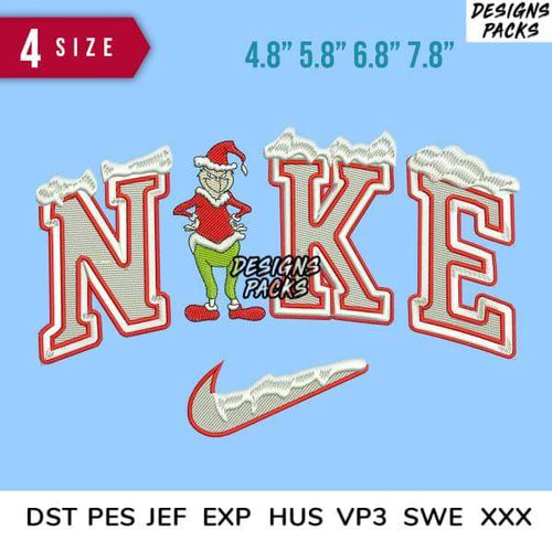 Embroidery design featuring Grinch in Santa hat with 'NIKE' text and swoosh, snow accents, 4 sizes