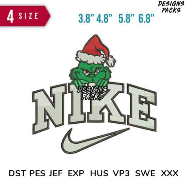 Grinch in Santa hat over Nike logo embroidery design, 4 sizes, DST PES JEF formats
