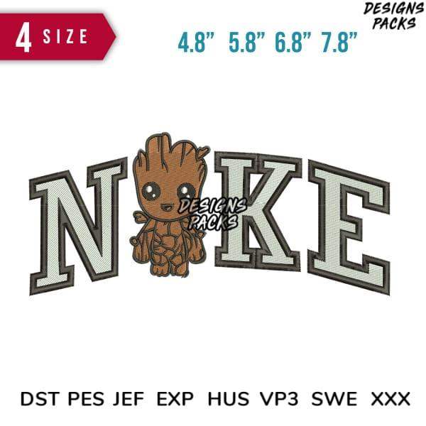 Cute Groot embroidery design with 'NIKE' text in 4 sizes, compatible with DST PES JEF formats