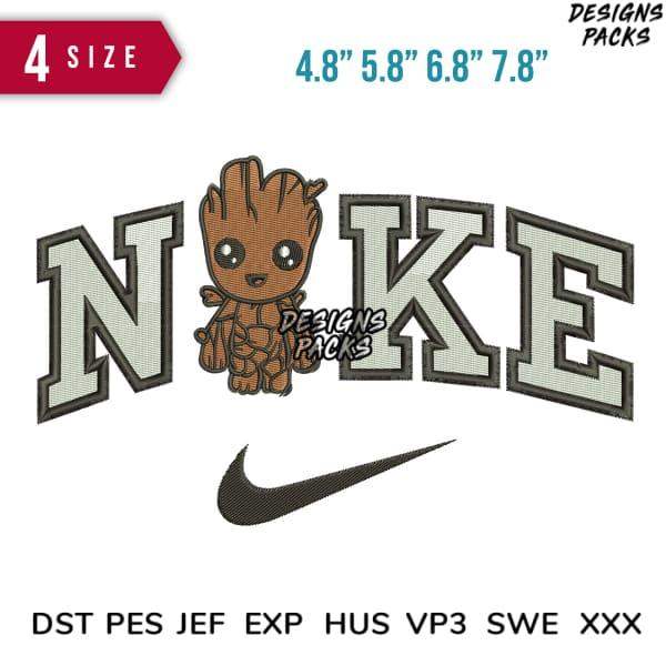 Groot with 'NOKE' text embroidery design in multiple sizes, compatible with DST PES JEF formats