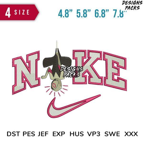 Embroidery design featuring 'NIKE' lettering with swoosh, available in 4 sizes and multiple formats for instant download.