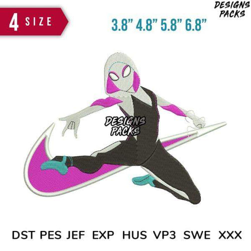 Spider-Gwen embroidery design in 4 sizes, print-ready formats for DTG, DTF, and tumbler wraps