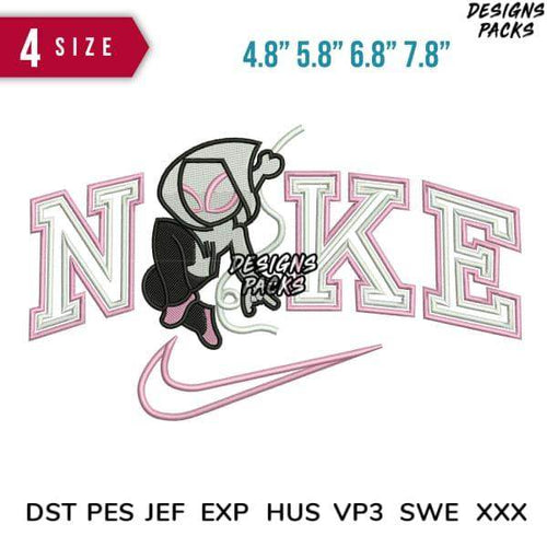 Embroidery design featuring cartoon character with 'NIKE' lettering and swoosh, available in 4 sizes, DST PES formats