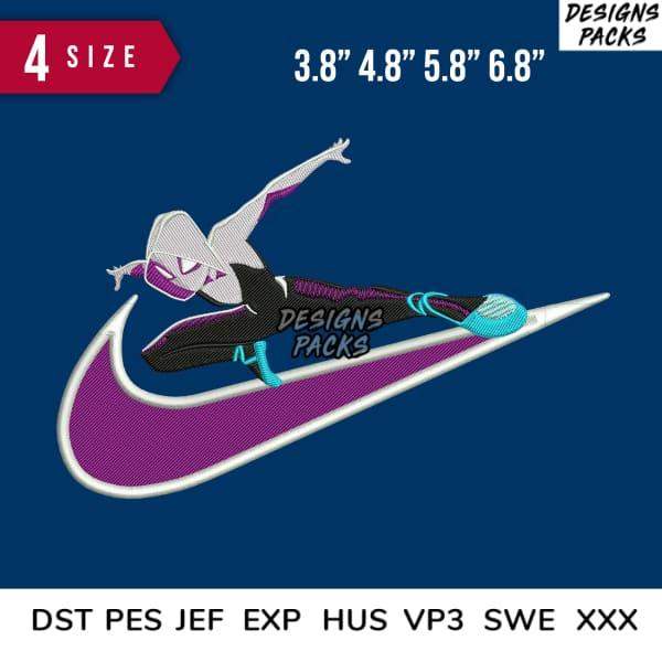 Spider-Gwen embroidery design on Nike swoosh, 4 sizes, PES DST JEF formats, print-ready for DTG/DTF