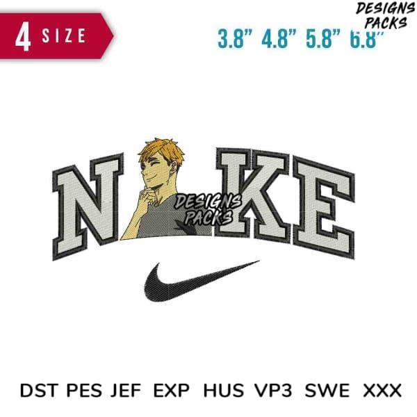 Embroidery design featuring anime character with 'NIKE' lettering, available in PES, DST, EXP formats