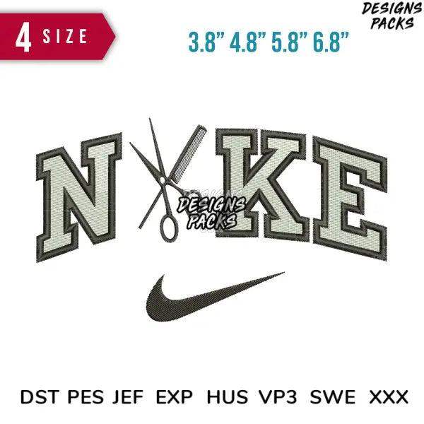 Embroidery design of Nike logo with scissors, available in multiple sizes and formats