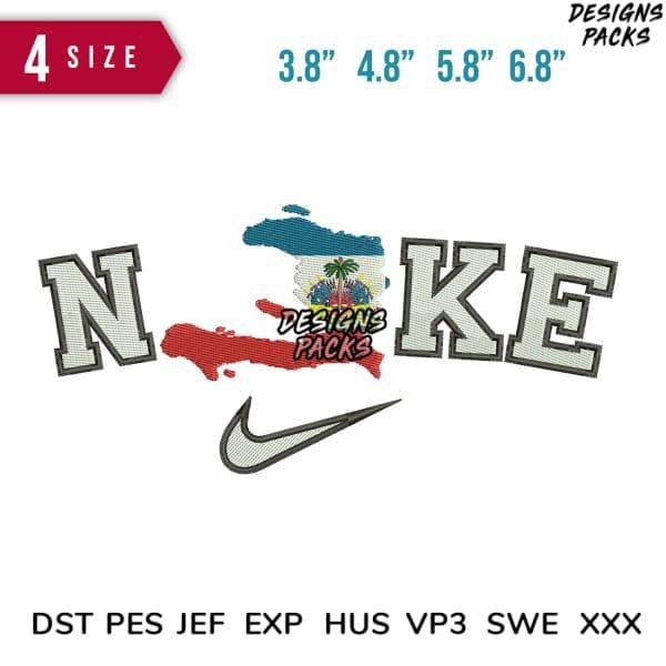 Embroidery design featuring 'NIKE' with Haiti map, available in multiple sizes and formats
