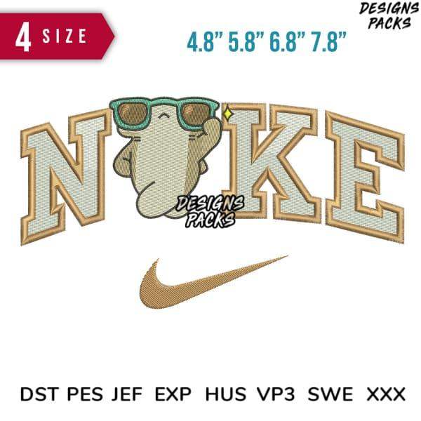 Embroidery design with 'NIKE' text, sunglasses graphic, and swoosh logo in 4 sizes, DST PES formats