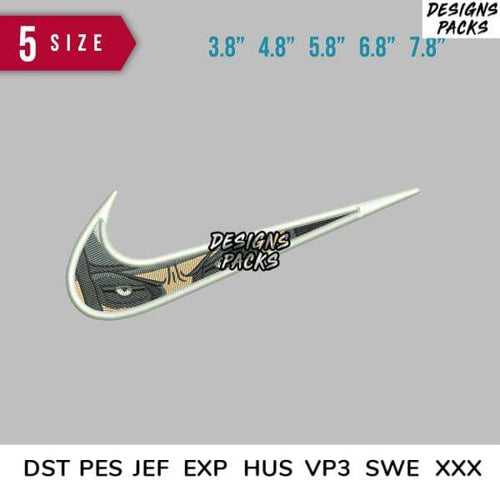 Embroidery design of Nike swoosh with eye detail, available in multiple sizes and formats