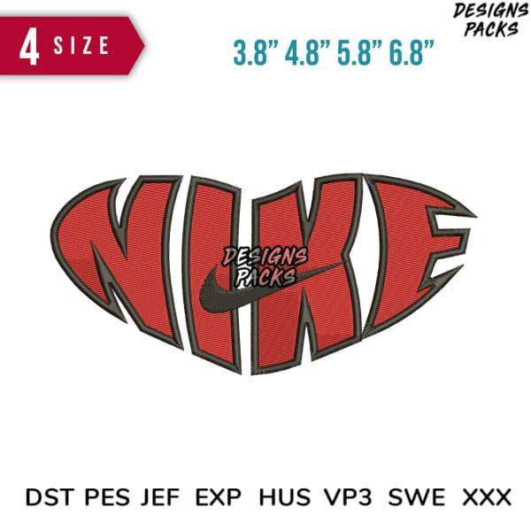 Embroidery design of bold red Nike-style logo with black outline, available in multiple sizes and file formats.
