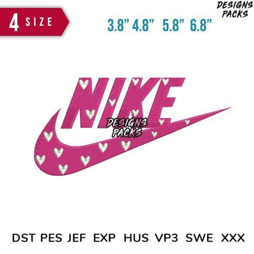 Pink Nike logo with heart patterns, available in multiple embroidery file formats