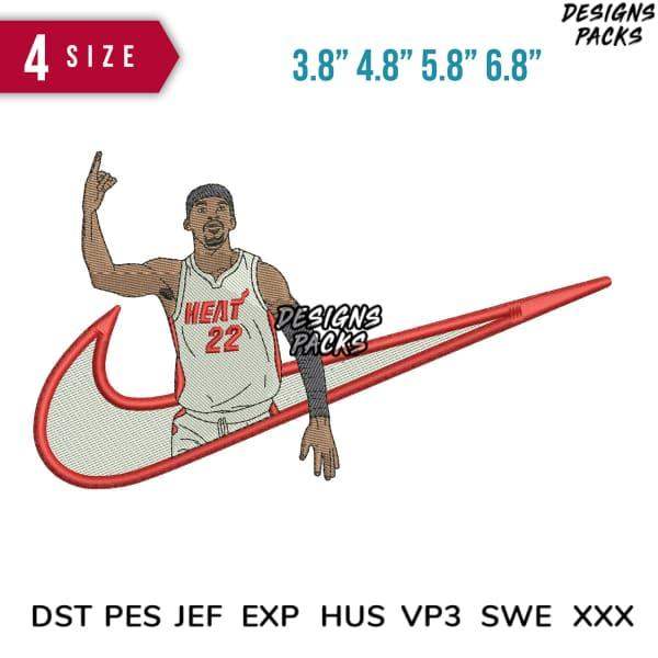 Embroidery design of Miami Heat player in jersey with Nike swoosh, available in PES, DST, EXP formats