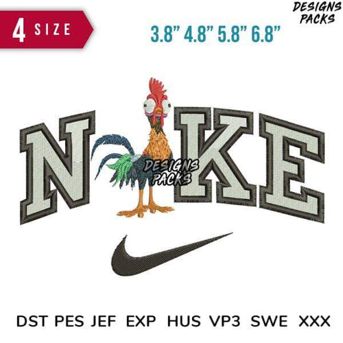 Embroidery design featuring rooster with 'NOKE' text and swoosh, available in 4 sizes and multiple formats