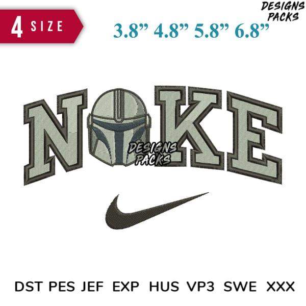 NOKE embroidery design with Mandalorian helmet, 4 sizes, PES DST formats, Nike swoosh included