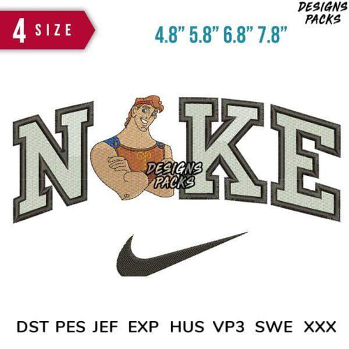 Embroidery design featuring 'NOKE' with Hercules character, Nike swoosh, 4 sizes, DST PES JEF formats