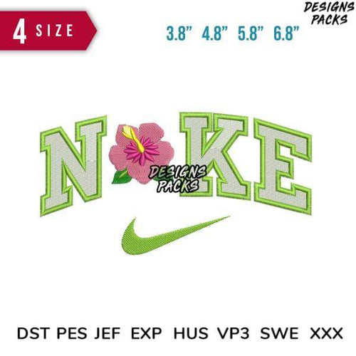 Embroidery design with 'NOKE' text, pink hibiscus, and green swoosh in 4 sizes, PES/DST formats