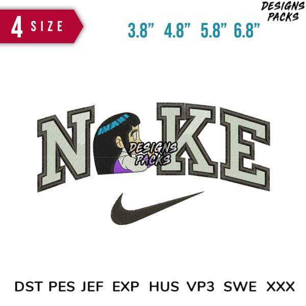Embroidery design with 'NOKE' lettering, girl character, and swoosh logo in 4 sizes, DST PES JEF formats