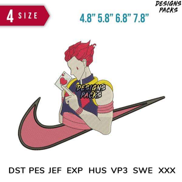 Anime character embroidery design with Nike swoosh, available in DST PES JEF formats, 4 sizes