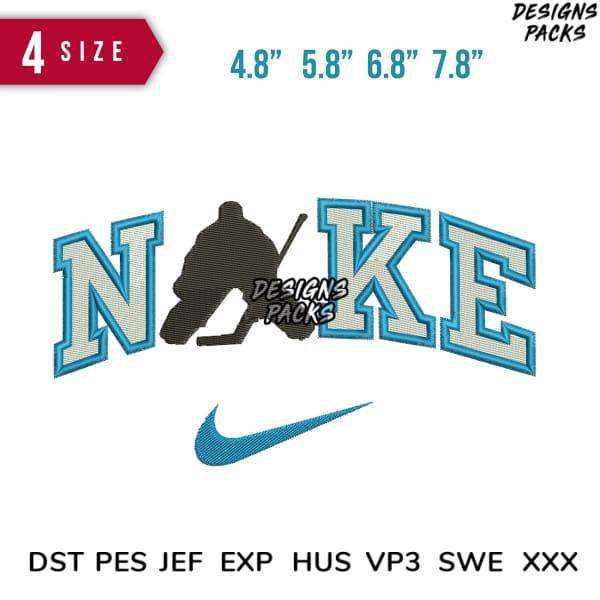 Embroidery design with 'NAKE' text, hockey player silhouette, and Nike swoosh in 4 sizes, DST PES formats