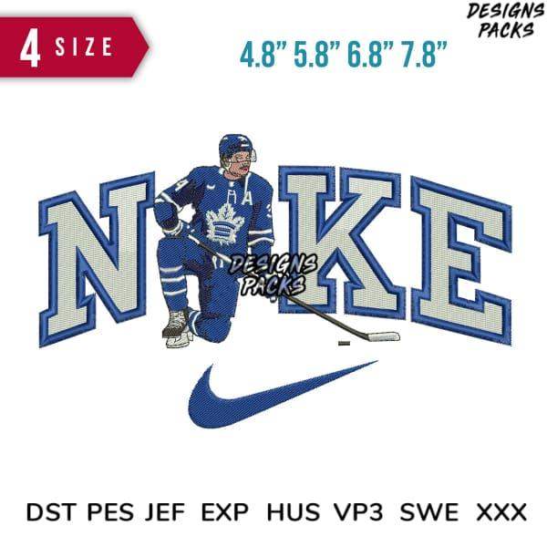 Hockey player embroidery design with Nike logo, available in multiple sizes and formats