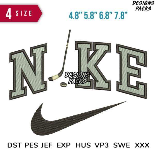 Embroidery design with hockey stick forming 'N' in Nike logo, 4 sizes, DST PES JEF formats