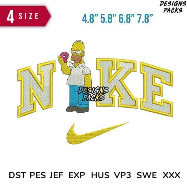 Homer Simpson holding donut with Nike-style lettering, embroidery design in multiple sizes, DST PES formats