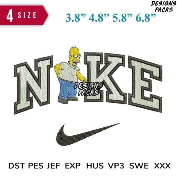 Homer Simpson embroidered design with Nike-style lettering, available in 4 sizes and multiple file formats for embroidery machines.