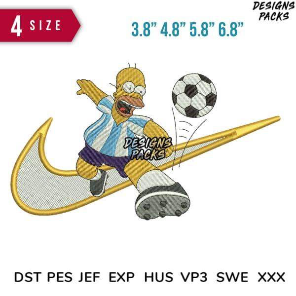 Homer Simpson soccer embroidery design in 4 sizes, compatible with DST PES JEF formats for machine embroidery