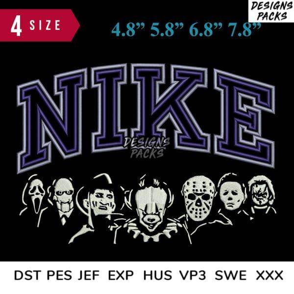 Nike-style horror movie character embroidery design in 4 sizes, DST PES JEF formats for instant download