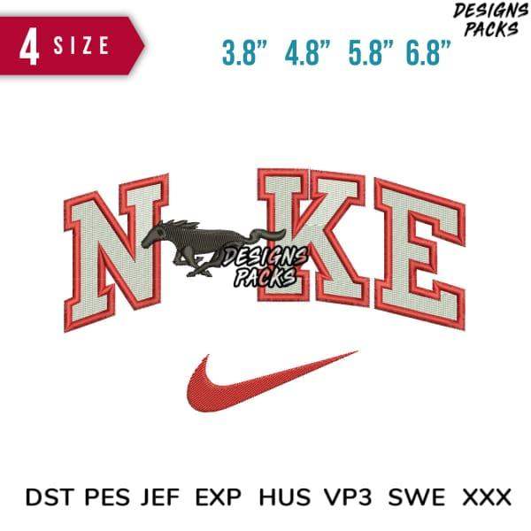 Embroidery design featuring bold 'NIKE' text with horse graphic, available in multiple sizes and formats