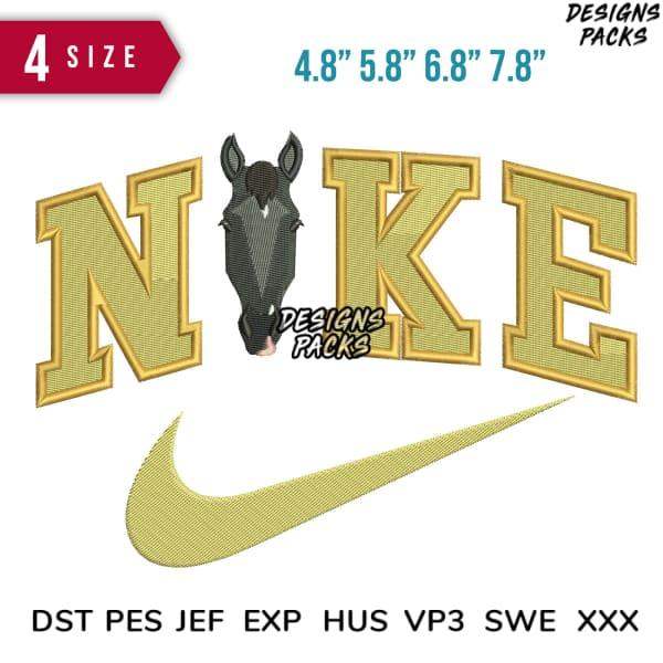 Embroidery design featuring horse head in Nike logo, gold thread, 4 sizes, DST PES formats
