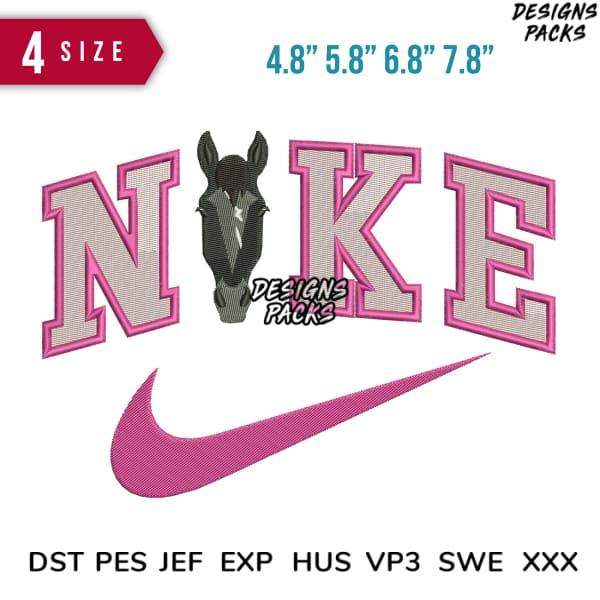 Pink Nike-inspired embroidery design with horse head, available in multiple sizes and formats