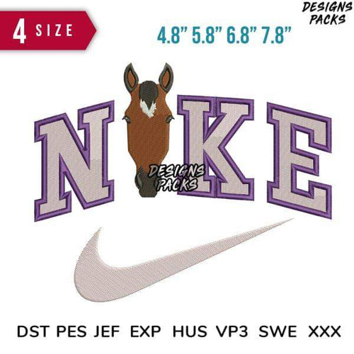 Horse head embroidery design with Nike-style text and swoosh, available in 4 sizes and multiple formats