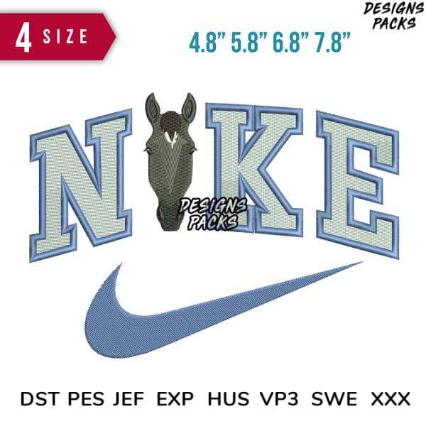 Embroidery design featuring horse head in 'NIKE' text with swoosh, available in multiple sizes and formats