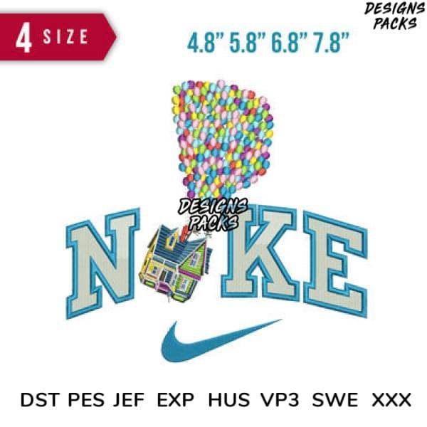 Nike-inspired embroidery design with colorful balloons and house, 4 sizes, PES DST JEF formats