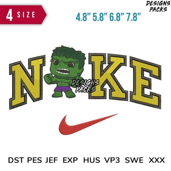 Hulk-inspired embroidery design with Nike-style text and swoosh, available in multiple sizes and formats